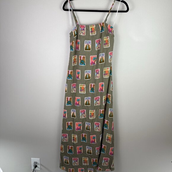 Petal & Pup Aoife Olive Stamp Print Maxi Dress XS Linen Blend Summer Vacation - Picture 3 of 9
